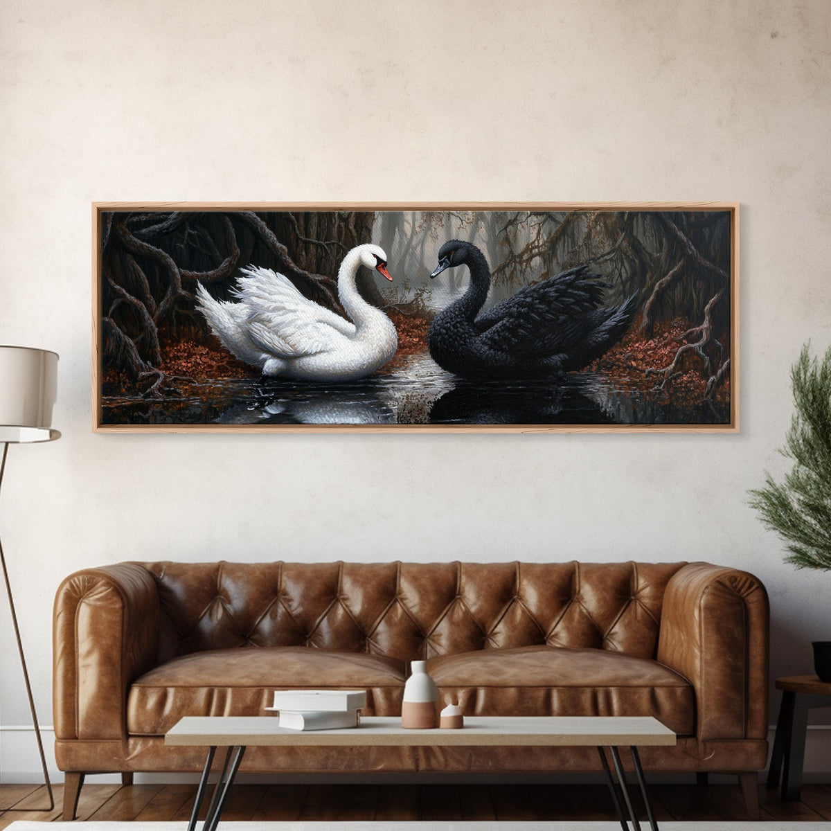 Black and White Swan Form A Heart, Framed Canvas Print, Swan Painting, Black Swan Art, Dark Romance, Panoramic Art, Gothic Art