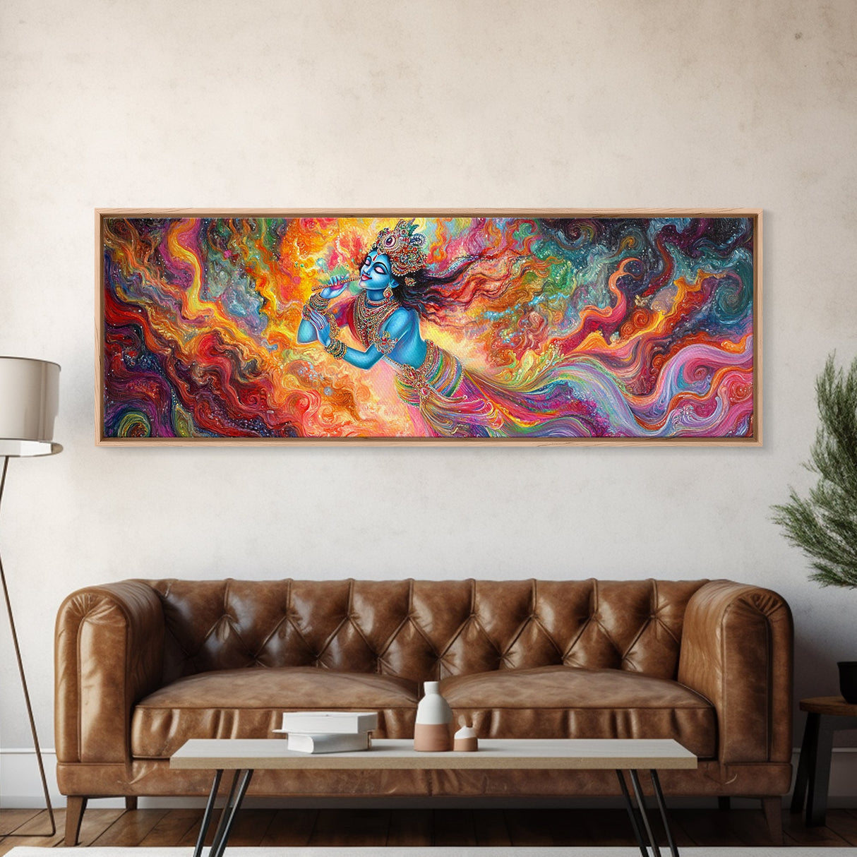 Radha Krishna Wall Art Framed Canvas Print, Modern Art Painting of Radha Krishna, Hindu Art, Radha Krishna Painting, Panoramic Art
