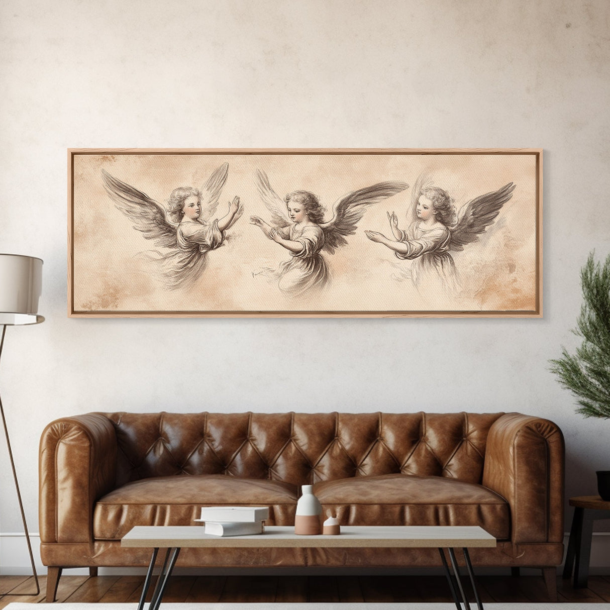 Painting of 3 Angels Canvas Print, Guardian Angels Wall Art, Angel Sketch, Angel Painting, Angelic Home Decor, Extra Wide Wall Art