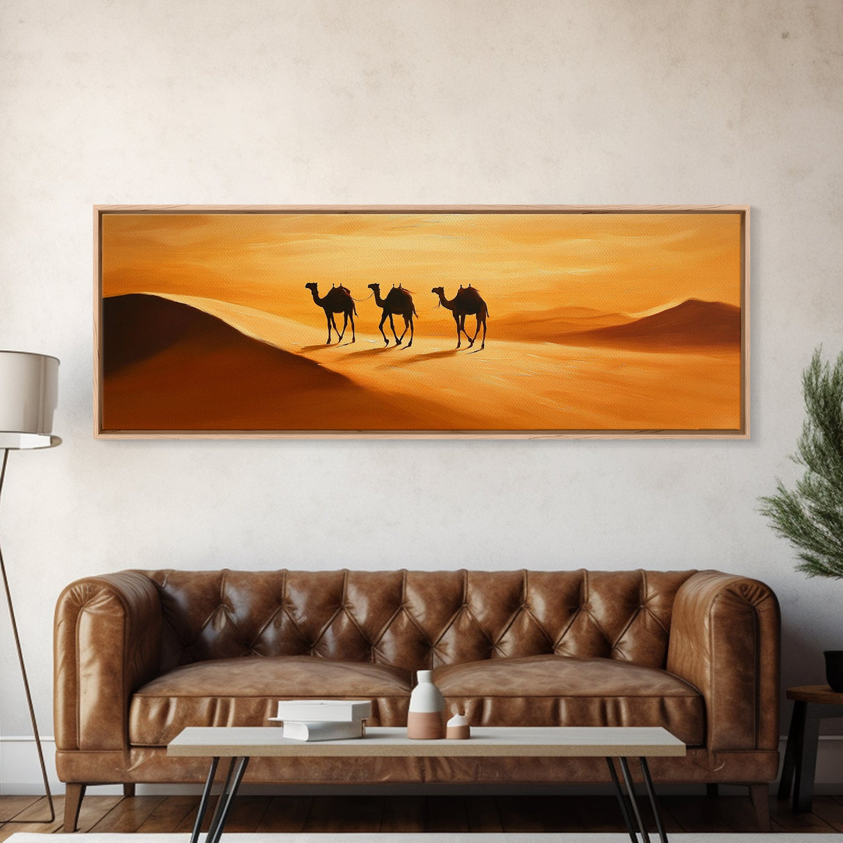 Camels in the desert Framed Canvas Print, Desert Painting, Desert Wall Art, Southwestern Decor, Minimalist Decor, Orange Hues Art