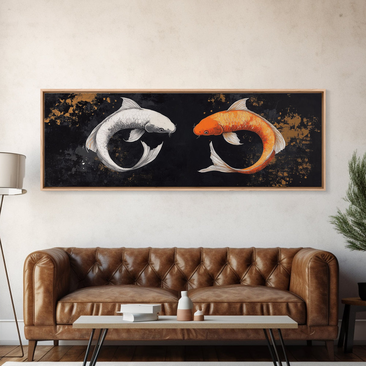 Koi Fish Infinite Sign Framed Canvas Print Ready To Hang, Wabi Sabi Home Decor, Panoramic Extra Wide Art, 20 x 60 Wall Art
