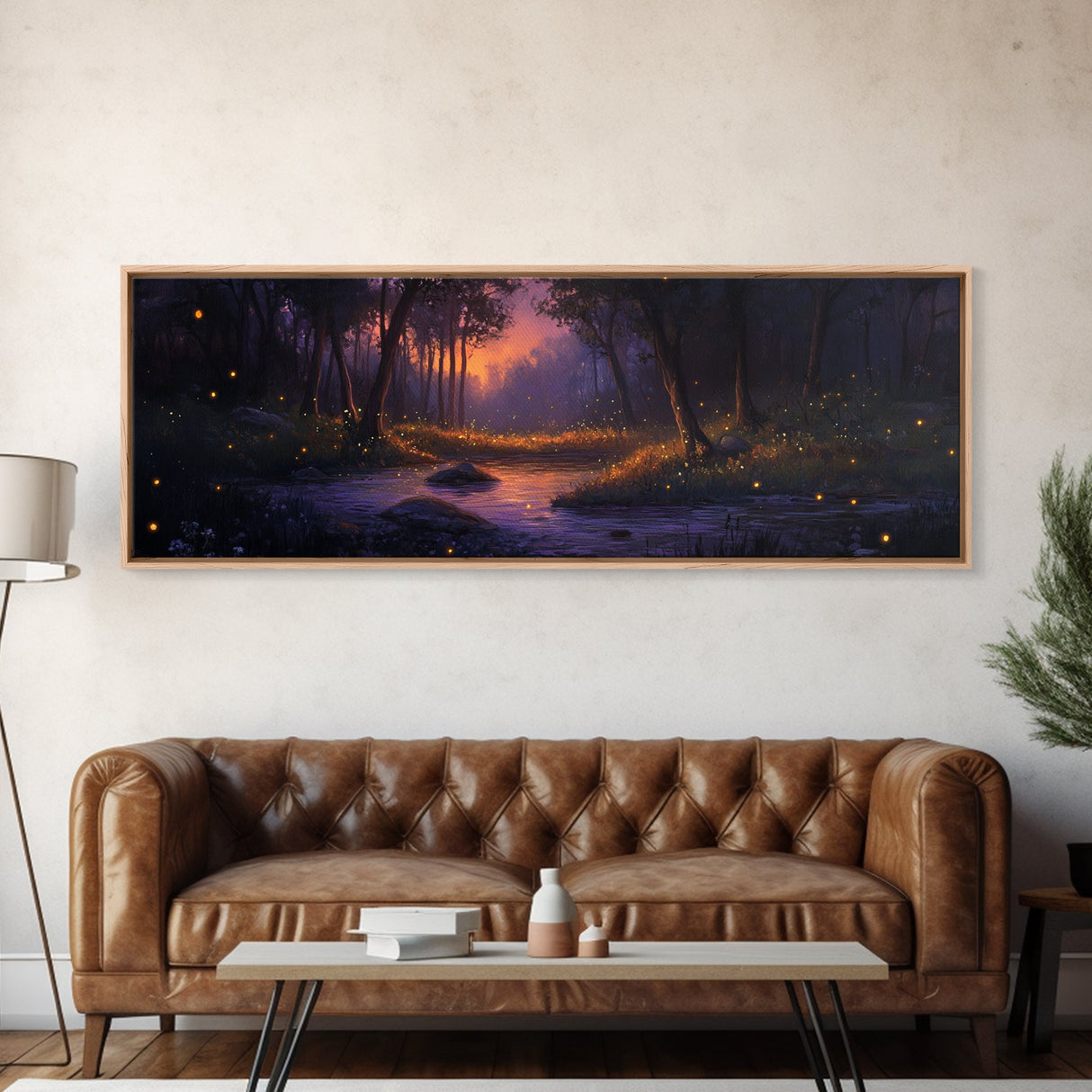 Panoramic Fantasy Forest Canvas Print, Fireflies Light Up The Night Sky in A Fantasy Forest, Fantasy Painting