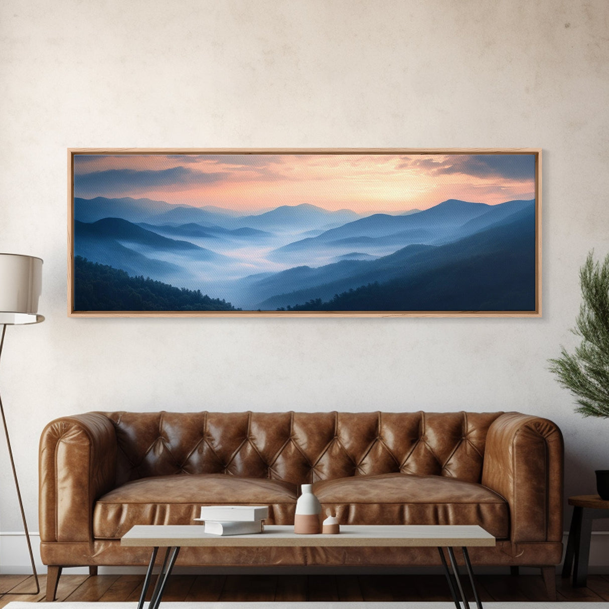 Morning Fog Over the Blue Ridge Mountains, Framed Canvas Print, Landscape Nature Wall Art, Painting Canvas Print, Mountain Painting Art