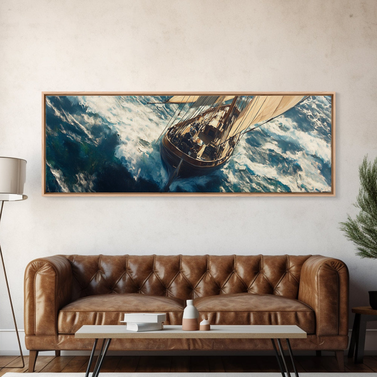 The Storm - Sailboat Battles a Hurricane Framed Canvas Print Panoramic Nautical Decor Fisherman Painting Nautical Landscape Painting