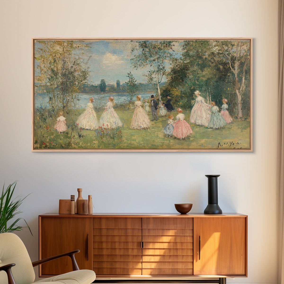Victorian Spring, Framed Canvas Print, Victorian Style Oil Painting of Ladies On The River