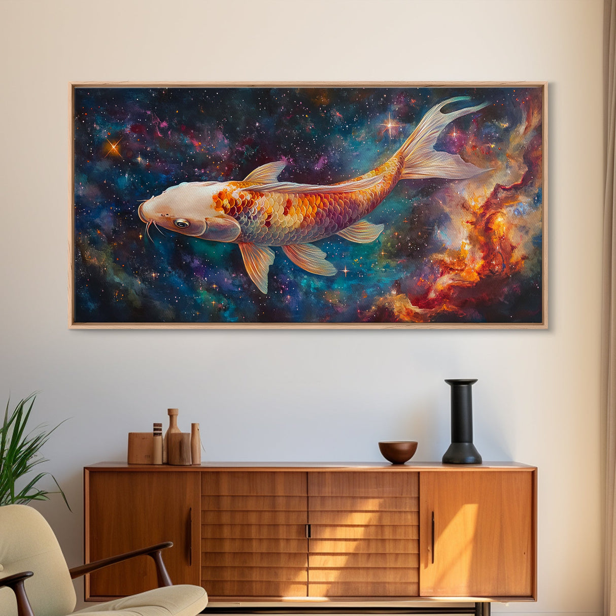 Koi Fish in Space, Framed Canvas Print, Abstract Wabi Sabi Style Painting, Koi Fish Home Decor, Japanese Style Artwork, Boho Decor