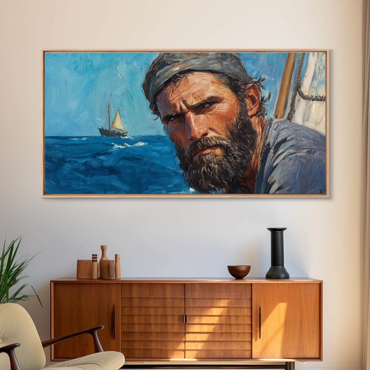 Fisherman at Sea Framed Canvas Print, Fisherman Oil Painting Style Print, Victorian Style Oil Painting Of a Fisherman, Fishing Gift Idea
