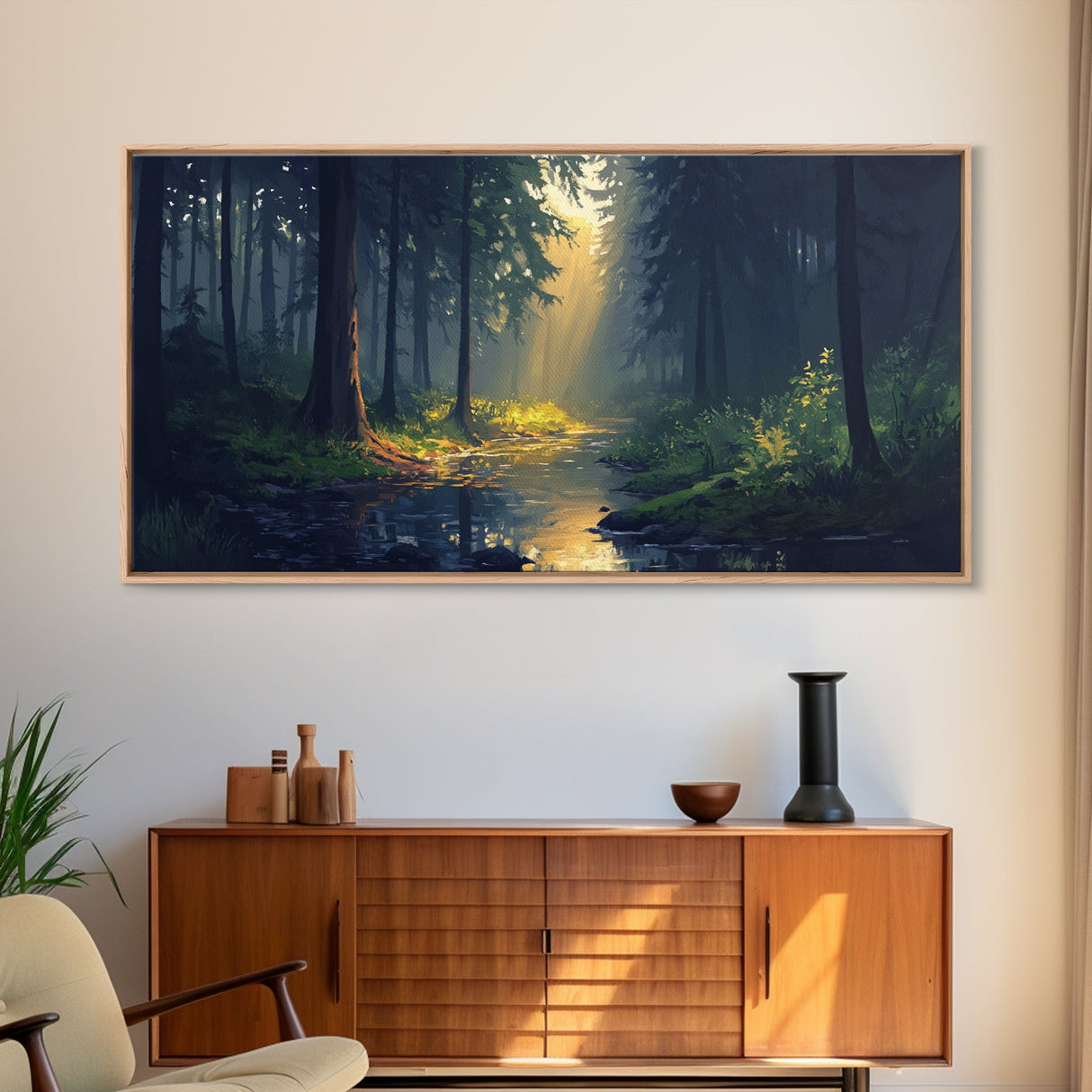 Sun Shines Through The Forest Trees, Framed Canvas Print, Fantasy Landscape Painting, Forest Landscape Oil Painting Print, Living Room Decor