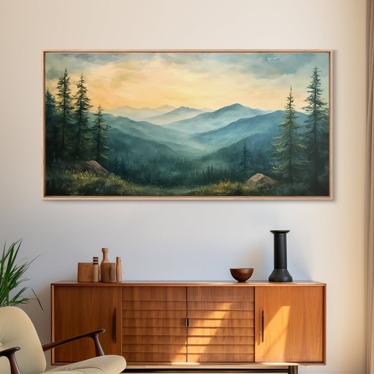 Minimalist Watercolor Painting Print of The Blue Ridge Mountains, Framed Canvas Print, Modern Landscape Painting