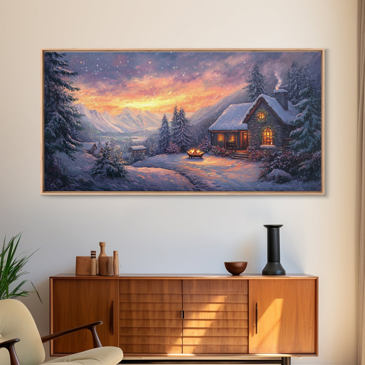 Snow Falls In The Mountains at Sunset, Framed Canvas Print, Retro Christmas Wall Art, Winter Not Christmas Wall Art, Winter Wall Art