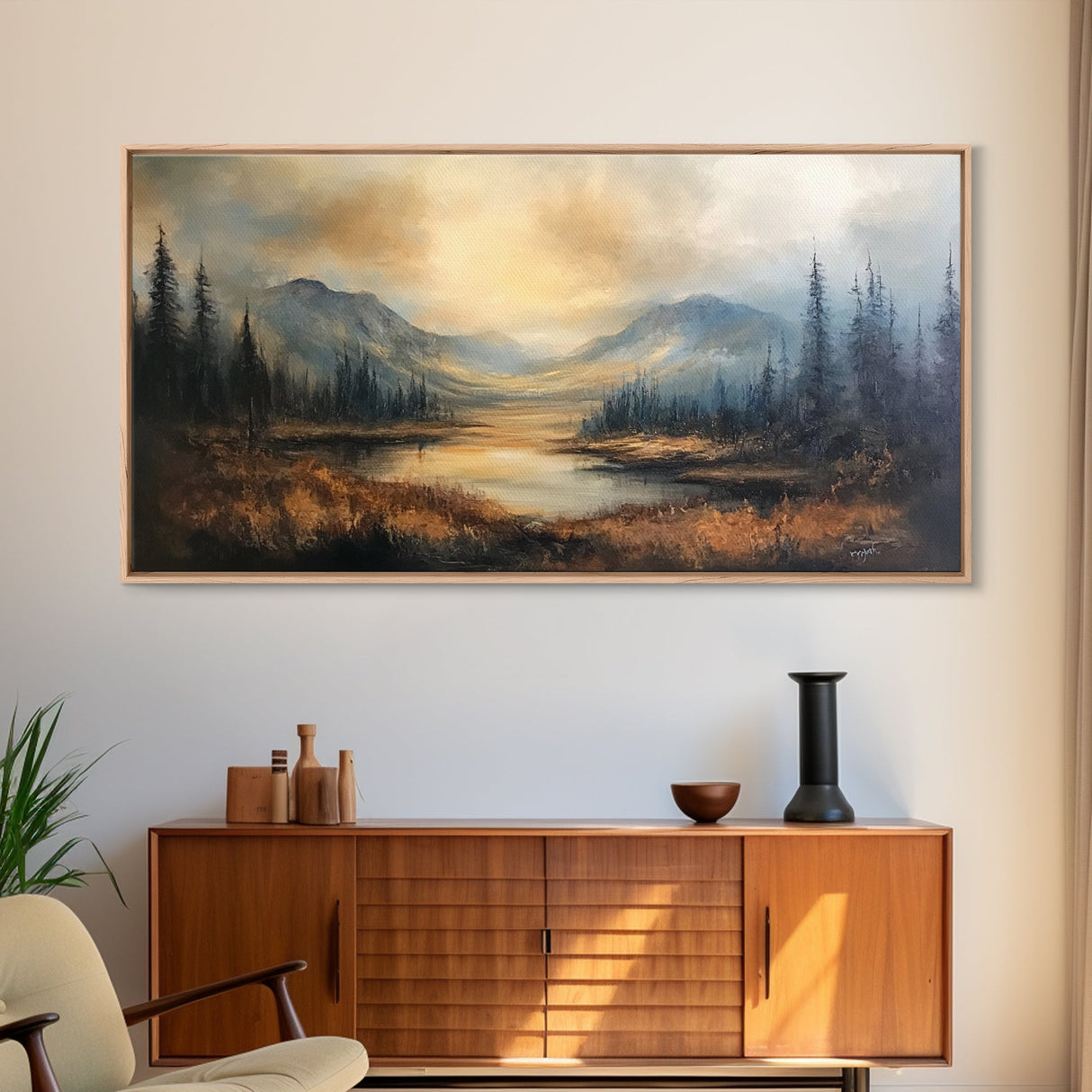 Foggy Mountain Forest Landscape Print, Ready To Hang - Large Panoramic Canvas Wall Art With Frame - Landscape Oil Painting For Living Room