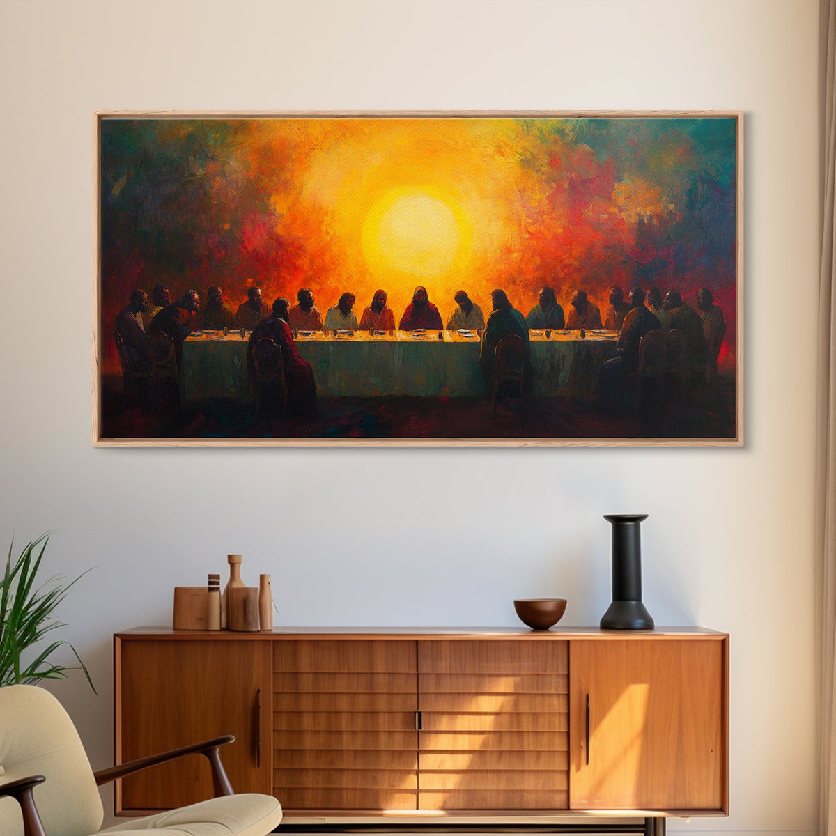 Scenic Depiction Of The Last Supper Framed Canvas Print - Jesus Art, Bible Wall Art, Christian Faith Home Decor, Last Supper Oil Painting