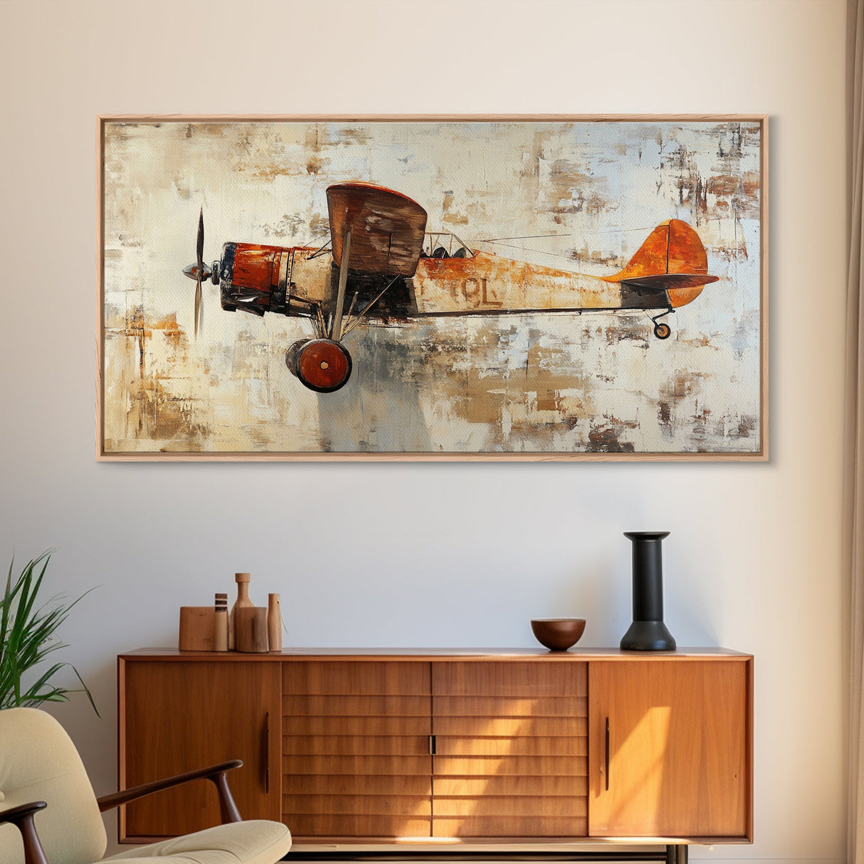 Retro 1920s Airplane In Flight Framed Canvas Print, Airplane Painting, Biplane Painting, Office Decor, Office Wall Art