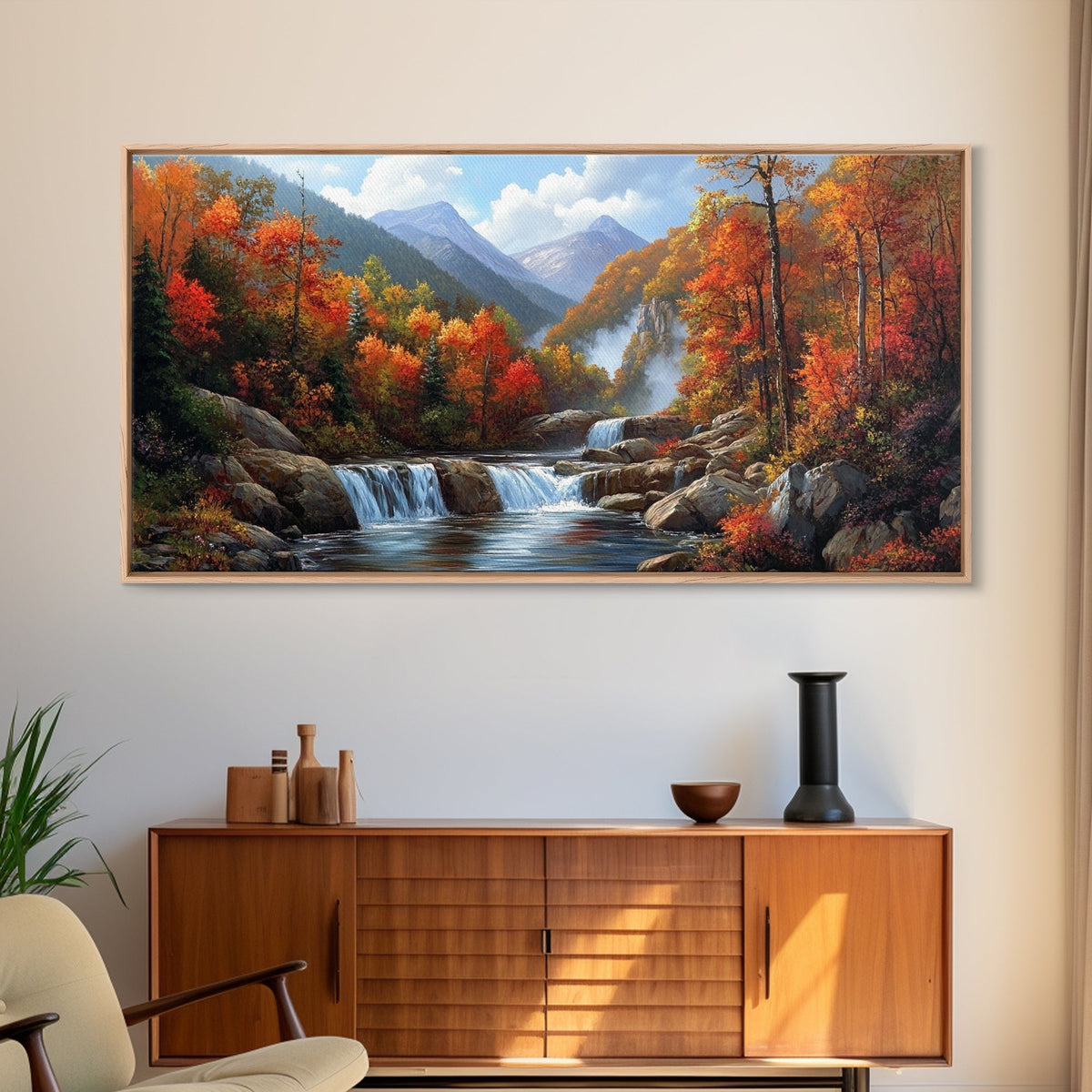 Waterfall In The Forest, Framed Canvas Print, Ready To Hang Art, Wood Frame, Landscape Oil Painting, Mountain Painting, Forest Painting