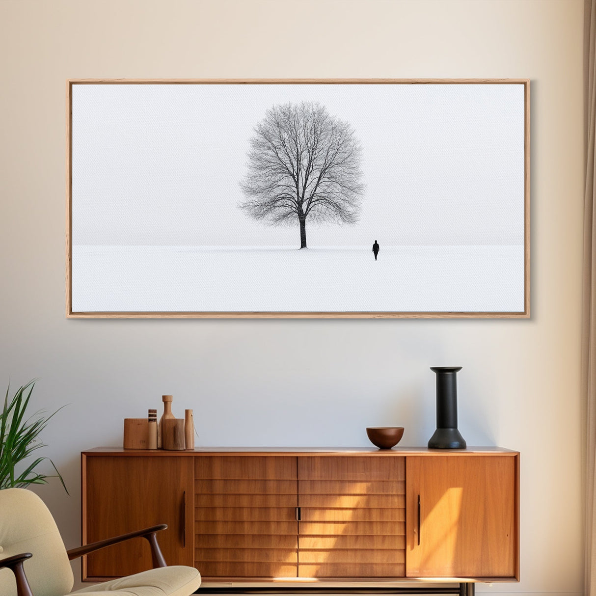Solitude - Framed Canvas Print - Ready To Hang Wall Art - Winter Decor - Lone Tree In A Snow Covered Valley - Winter Landscape Painting