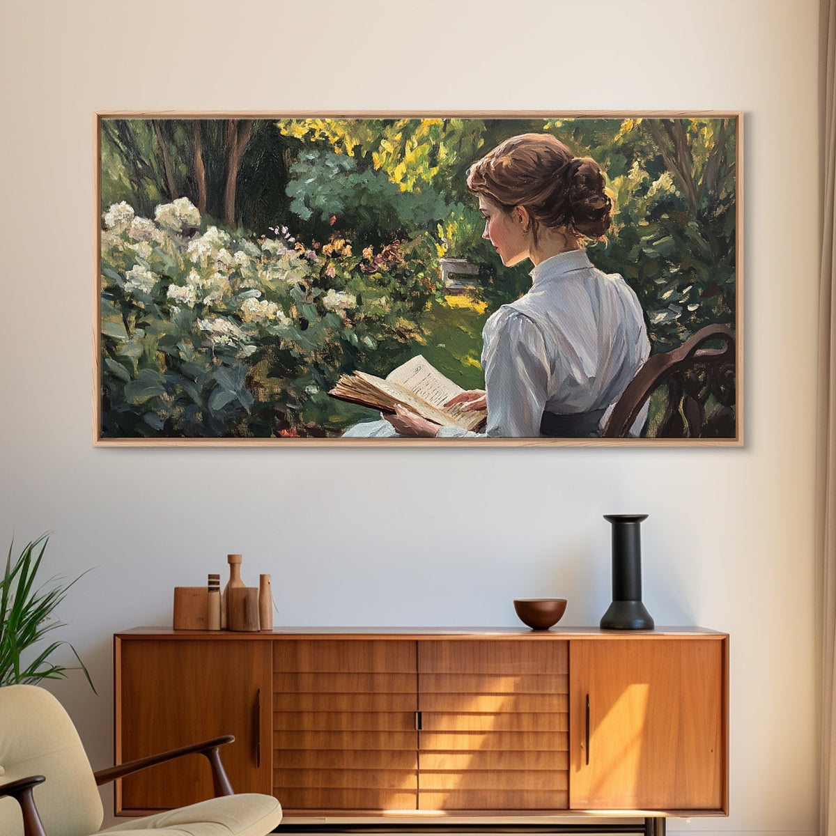 Victorian Oil Painting Print of a Woman In The Garden, Framed Canvas Print, Ready To Hang Art, Woman in Garden Painting Wall Art