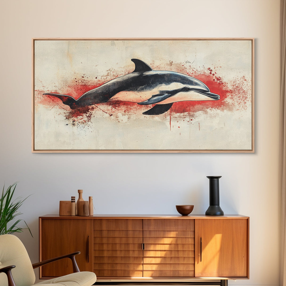 Wabi Sabi Waves and Dolphin Canvas Print, Entryway Decor, Cute Dolphin Wall Hangings for Bathroom Decor, Sea Life Wall Art, Dolphin Painting