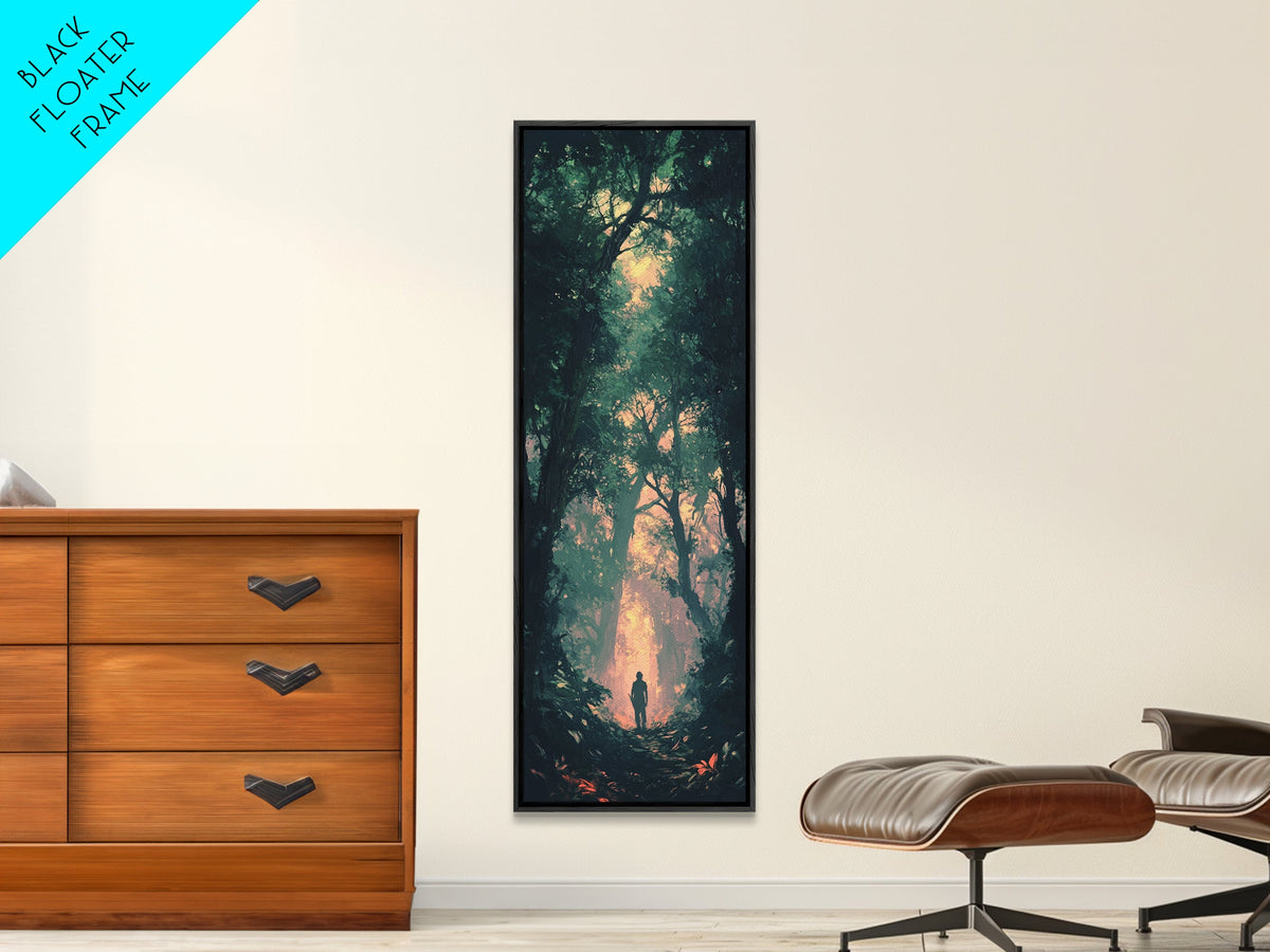 Forest at Dusk Painting Framed Canvas Print Long Narrow Wall Art, Rustic Decor Above Couch Art, Tall Skinny Art Gift Idea Christmas