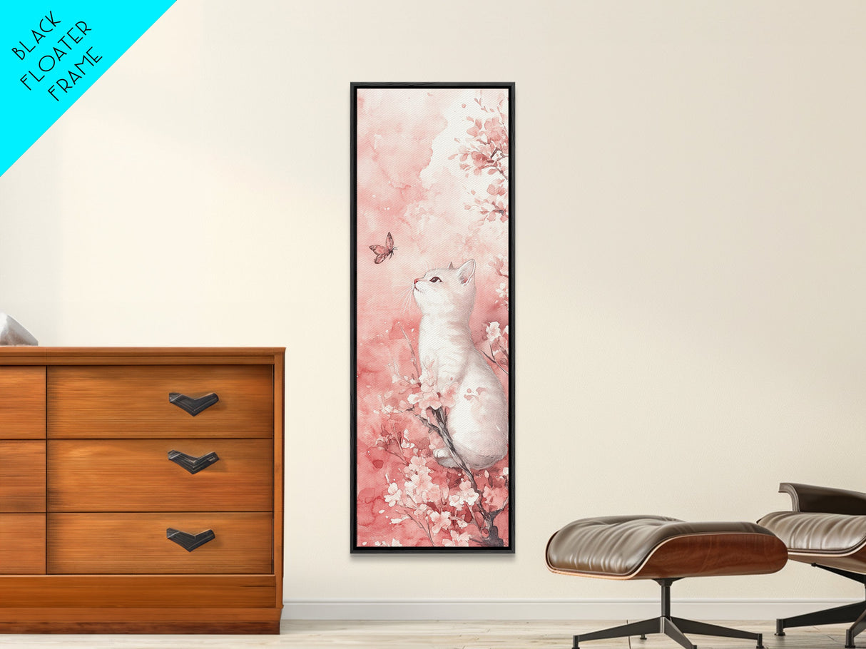 White Cat and Butterfly Canvas Print Light Pink Wall Art Cherry Blossom Painting Whimsical Art Bedroom Decor Gift Idea