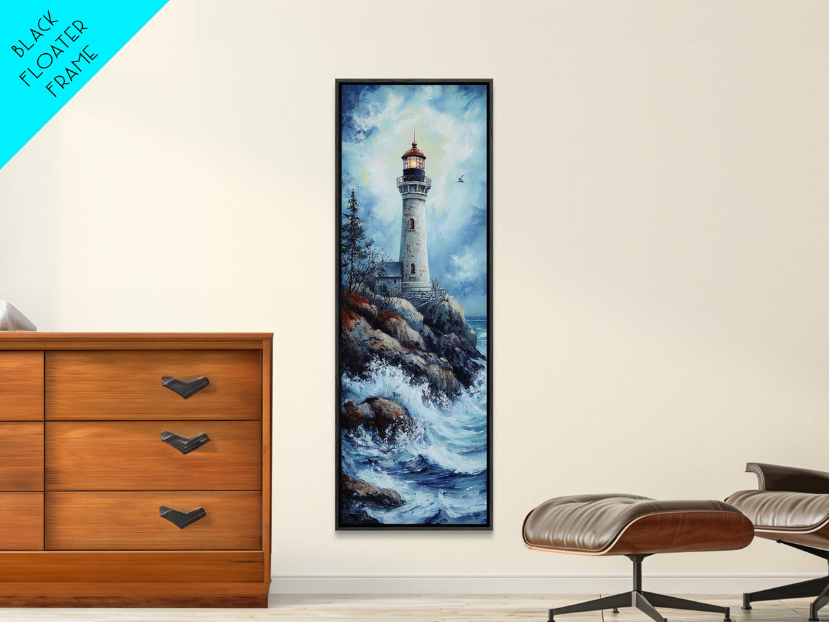 Framed Canvas Print Lighthouse Coastal Decor Nautical Painting Moody Art Ideal Tall Skinny Wall Art Living Room Above Sofa Coastal Painting