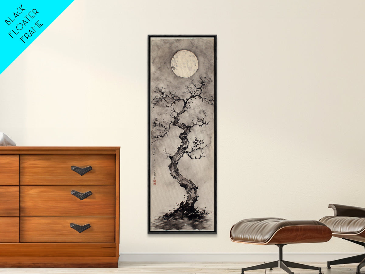 Canvas Print Moon and Tree Painting, Mystical Wabi Sabi Wall Art, Japanese-Inspired Rustic Decor, Above Bed Wall Art Gift Him