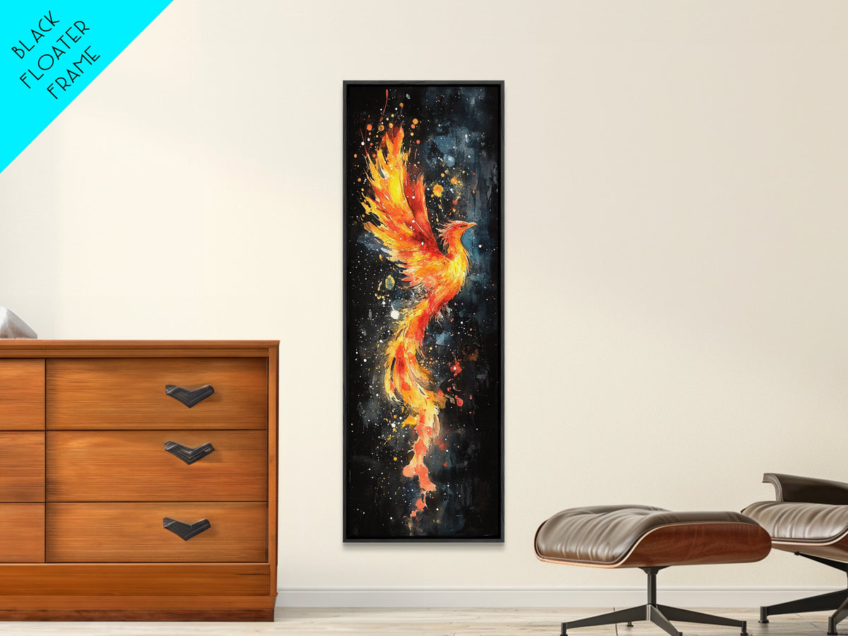 Flaming Phoenix Illustration Canvas Print, Tall Skinny Art for Bedroom Decor, Mythical Creature Wall Art with Framed Option, Space Art