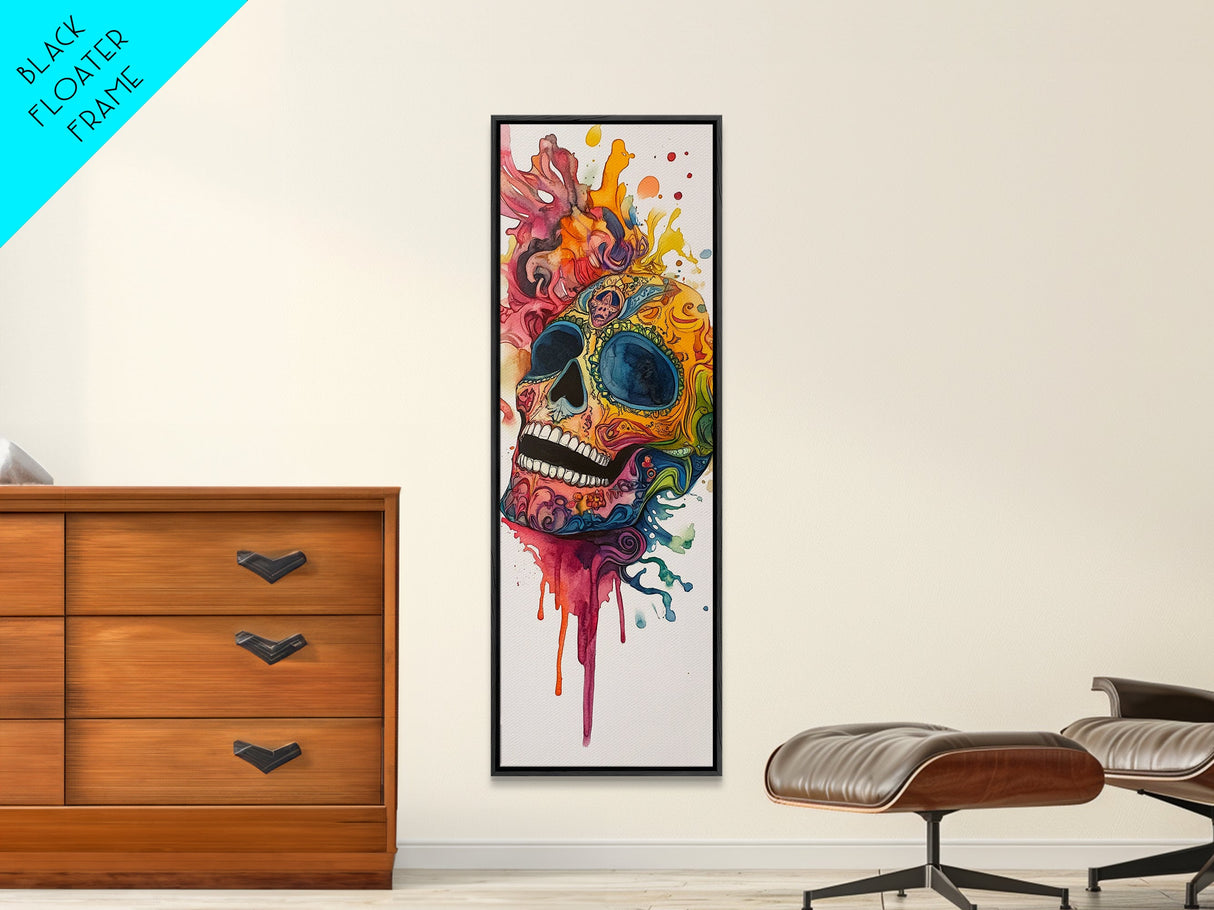Sugar Skull Painting Print, Mexicano Wall Art, Framed Canvas, Tall Narrow Art, Skinny Accent Piece, Skull Painting, Skull Art, Chicano Art