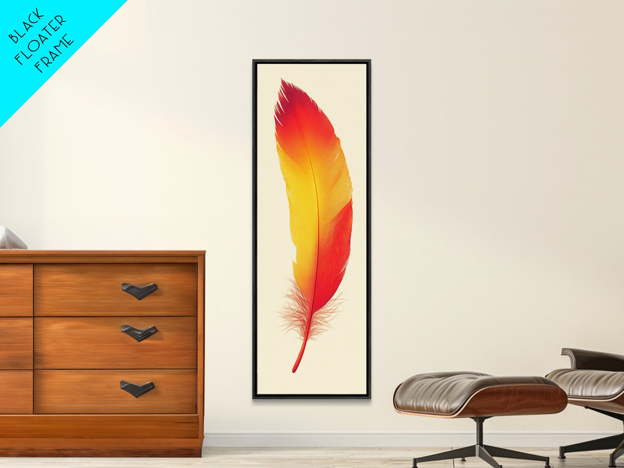 Red and Orange Feather Painting Print - Boho Wall Art - Framed Canvas Print - Tall Skinny Art - Minimalist Home Decor - Rustic Decor