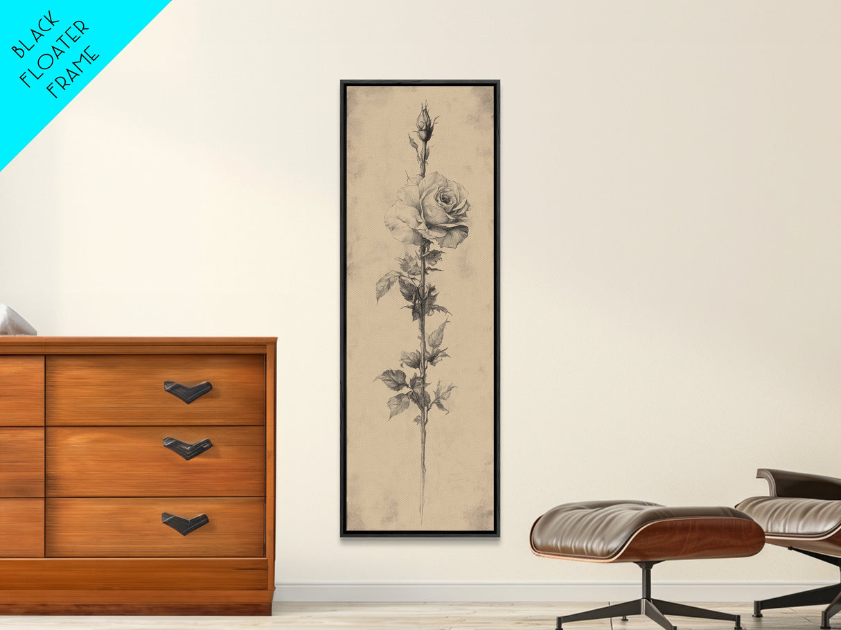 Black and White Sketch of a Rose, Framed Canvas Print, Narrow Art, Tall Skinny Art, Flower Painting, Paint of a Rose, Floral Prints