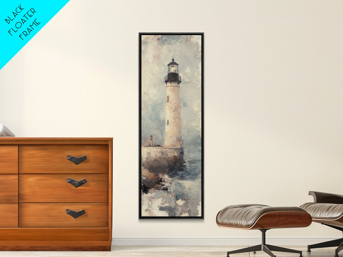 The Light House Framed Canvas Print - Nautical Seascape Painting - Lighthouse Art - Coastal Seascape Painting Tall Narrow Wall Art