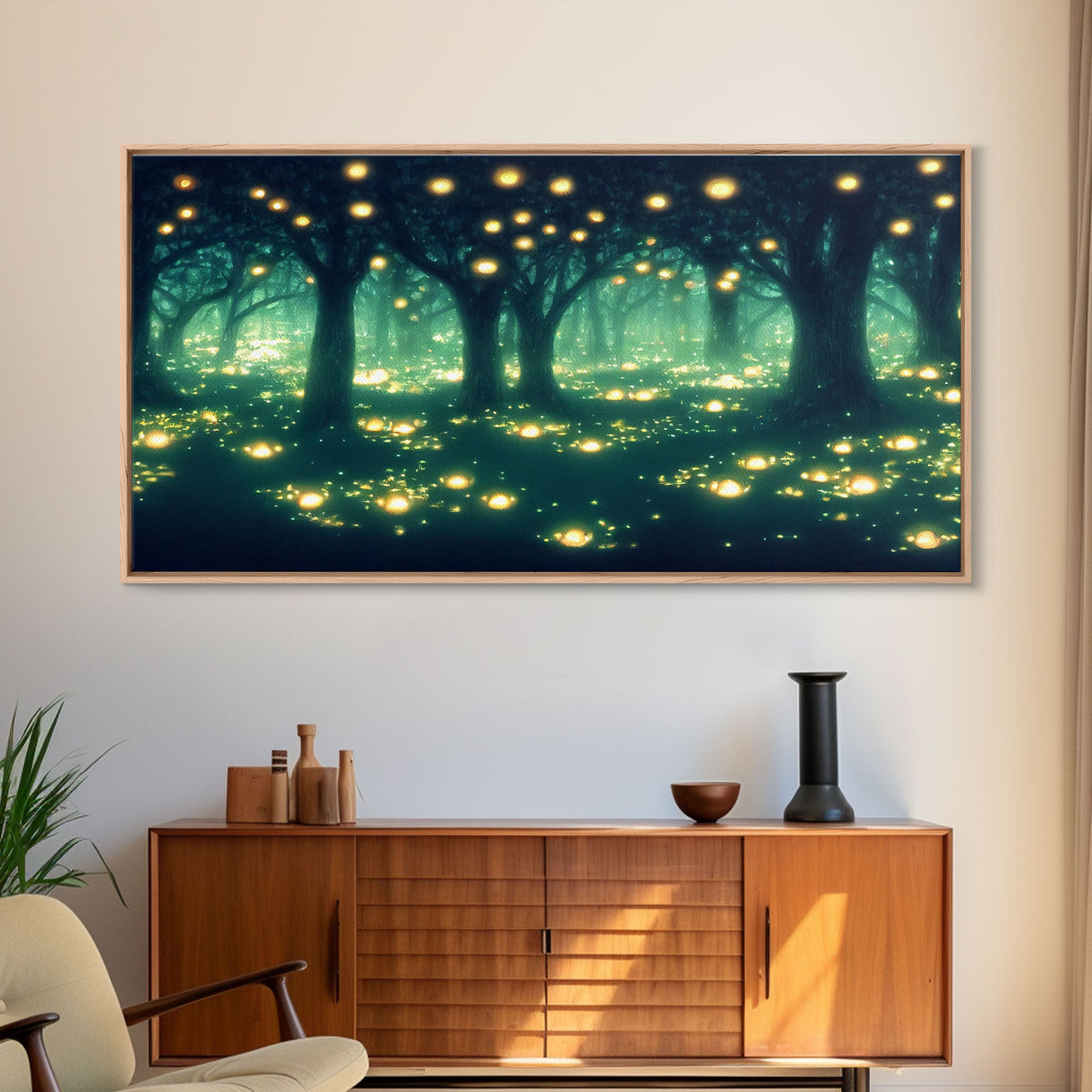 Fireflies At Night In A Fantasy Forest, Framed Ready To Hang Canvas Print, beautiful wall art, guest room decor
