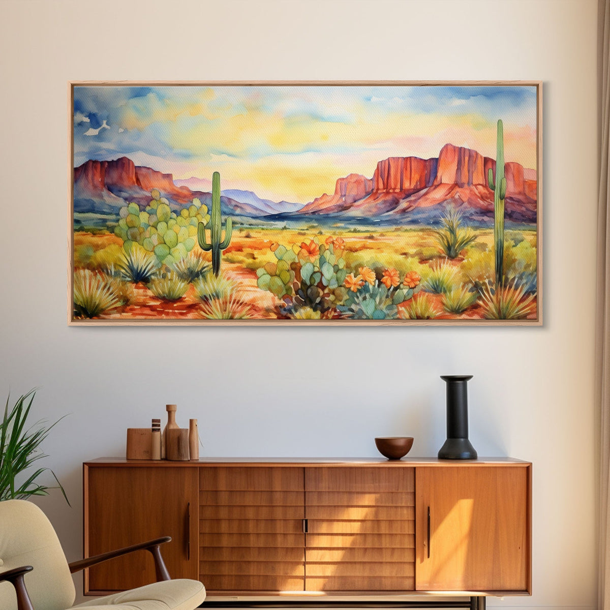 Boho Whimsical Wall Art, Pastel Desert Print, Framed Canvas Art, Unique Wall Art, Minimalist MCM Style Wall Art, Landscape Painting