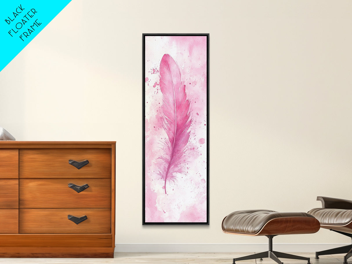 Pink Feather Artwork Framed Canvas Print, Vertical Whimsical Art Light Pink Decor, Boho Minimalist Gift Bedroom and Dorm Wall Art
