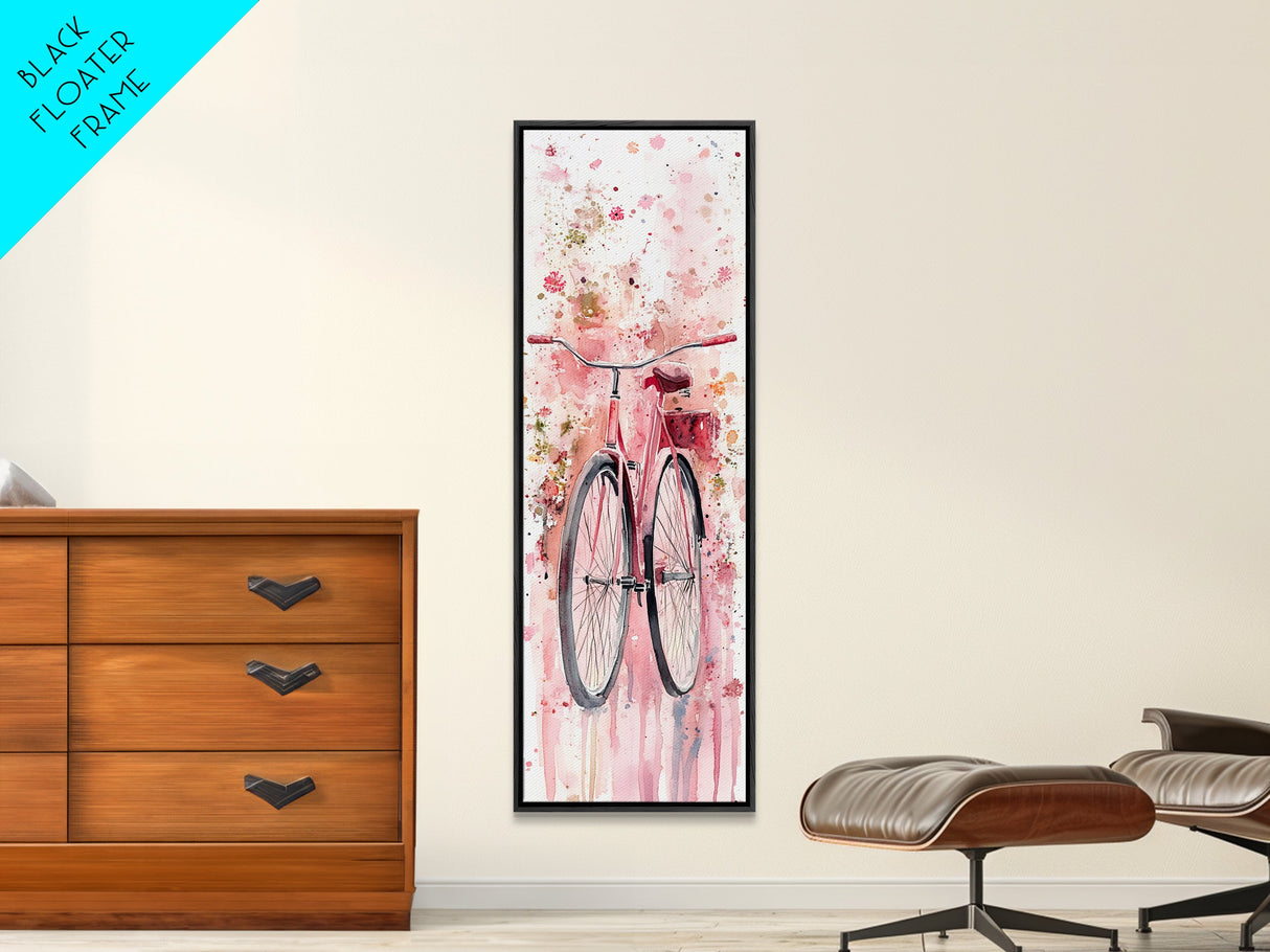 Bicycle Art Canvas Print Retro Pink Wall Art Long Narrow Vintage Style Above Couch Gift Idea Light Pink Minimalist Wabi Sabi Art
