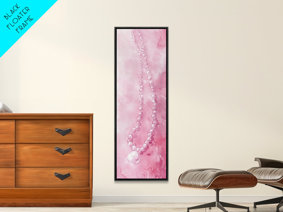 Elegant Pearl Necklace Canvas Print Whimsical Art Long Narrow Wall Art Pink Abstract Art Gift Idea Decorative Jewelry Painting Vertical