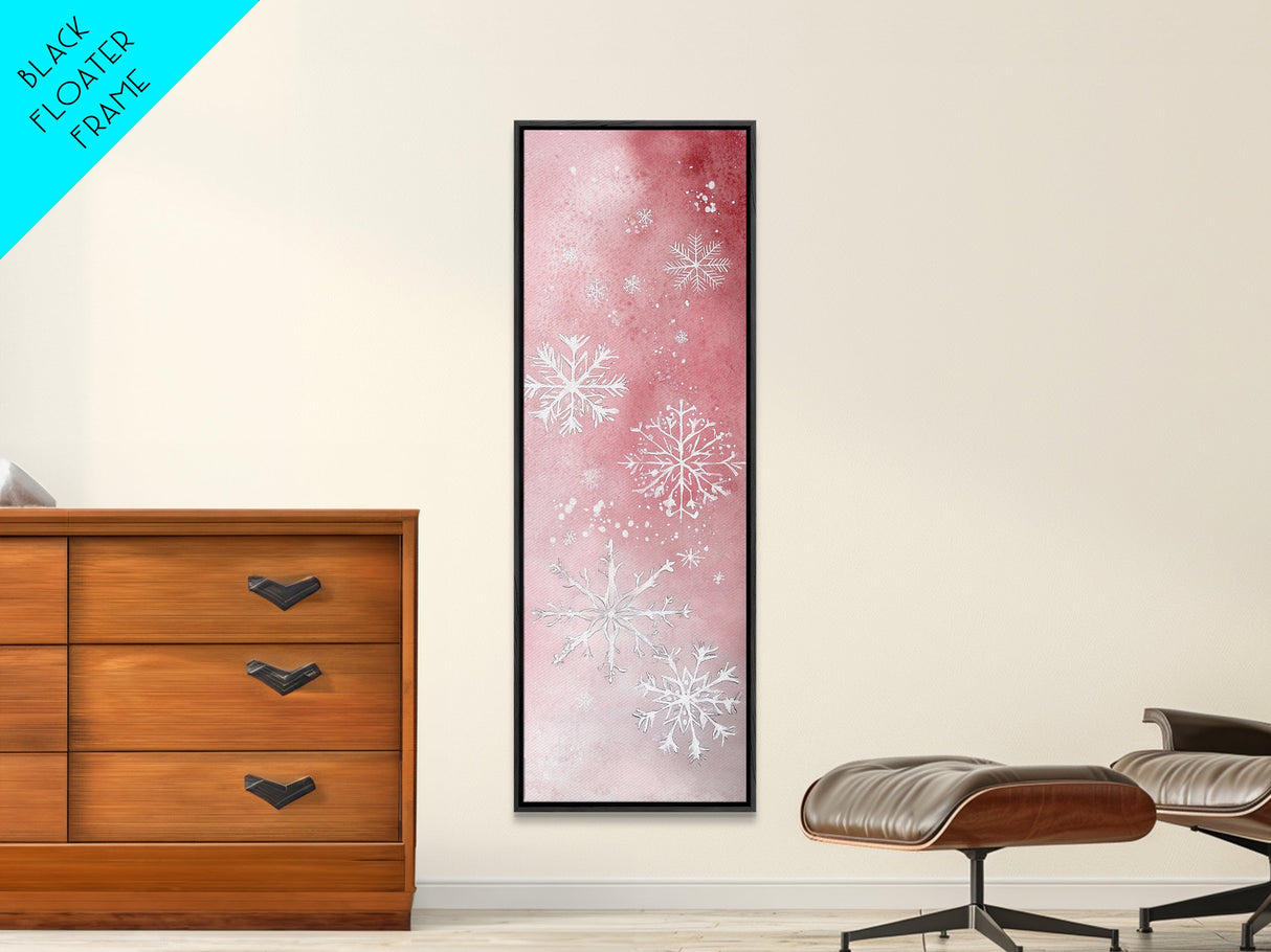 Snowflake Canvas Print Christmas Light Pink Art Whimsical Skinny Wall Art Vertical Art Winter Decor Living Room Rustic Guest Room