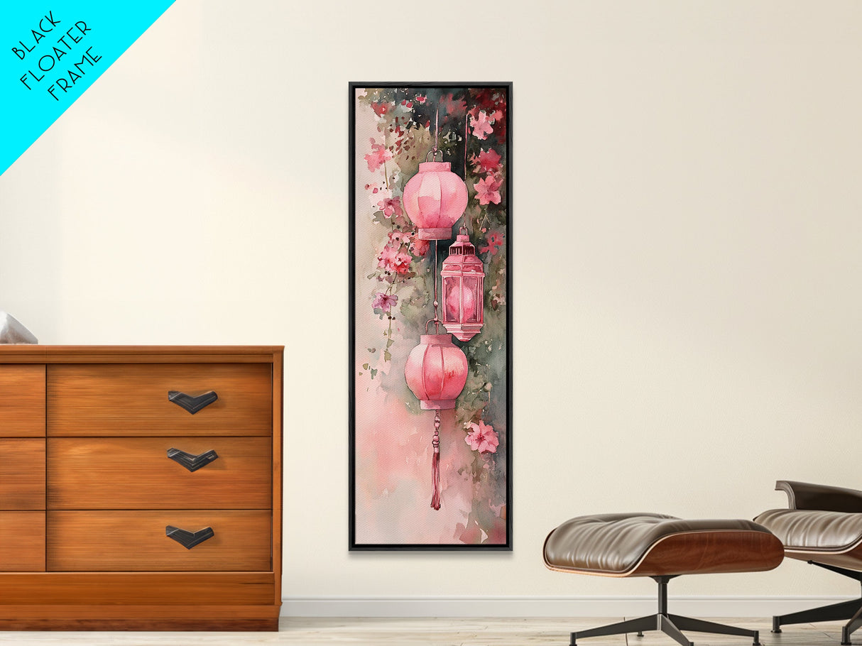 Lantern Glow Canvas Print, whimsical Moroccan wall art with light pink tones and floral accents, tall skinny vertical wall art piece.