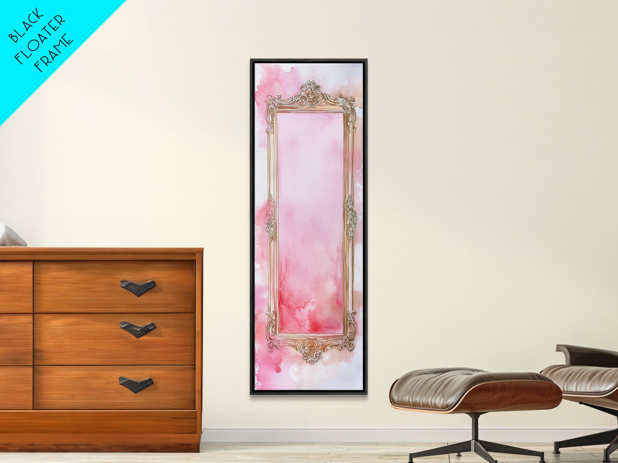 Ornate Frame Canvas Print, art nouveau-inspired pink framed decor with a touch of wabi sabi, classic vertical wall art for elegant spaces.