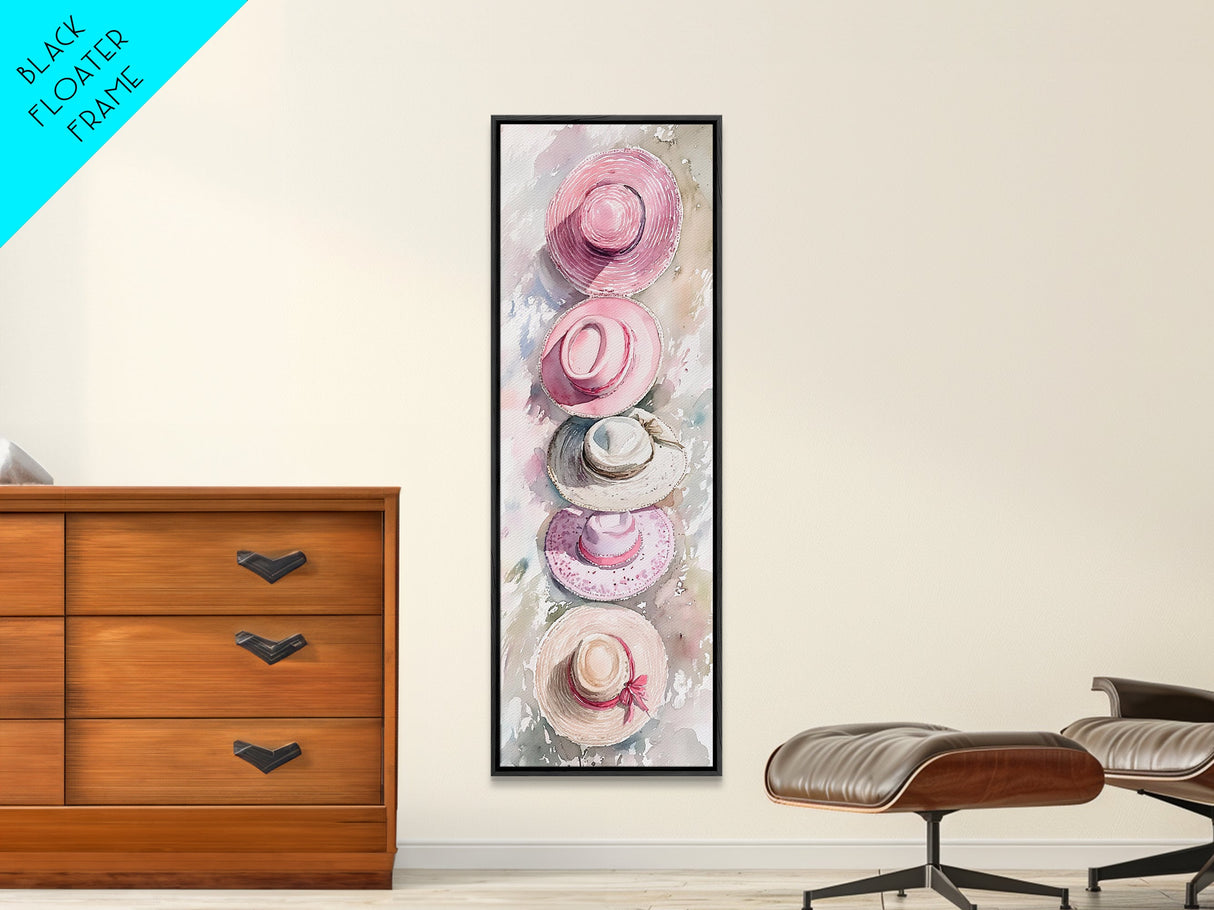 Summer Hats Canvas Print, coastal cowgirl wall art with pastel pink and beige hat patterns, rustic vertical wall art for living spaces.