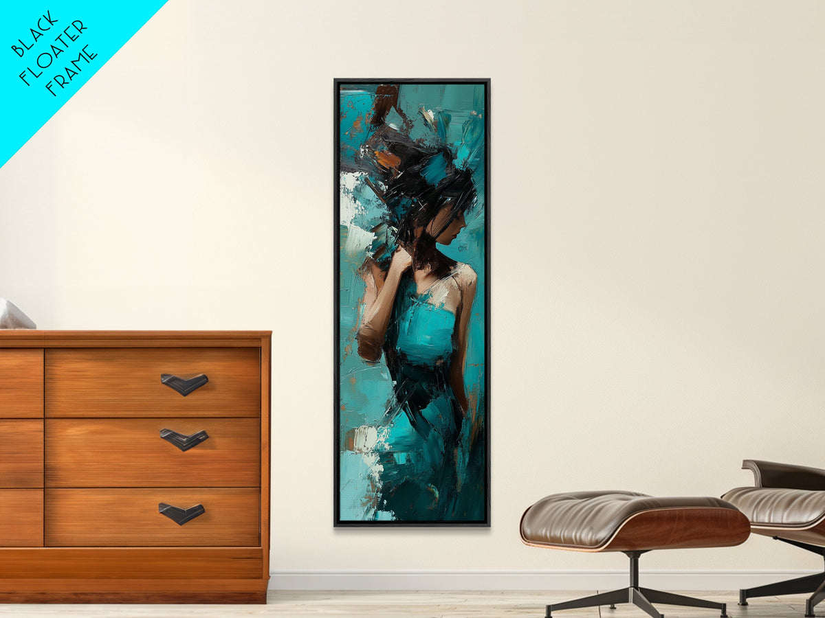 Moody Woman Framed Canvas Print in Teal, Dark Romance Painting, Moody Art, Living Room Art, Gift Idea, Vertical Wall Art