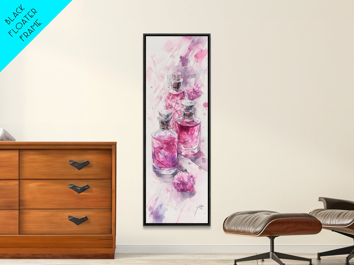 Perfume Bottles Canvas Print - Elegant Pink Abstract Art, Feminine Glass Bottles Artwork, Gift Idea for Her, Bedroom Wall Decor