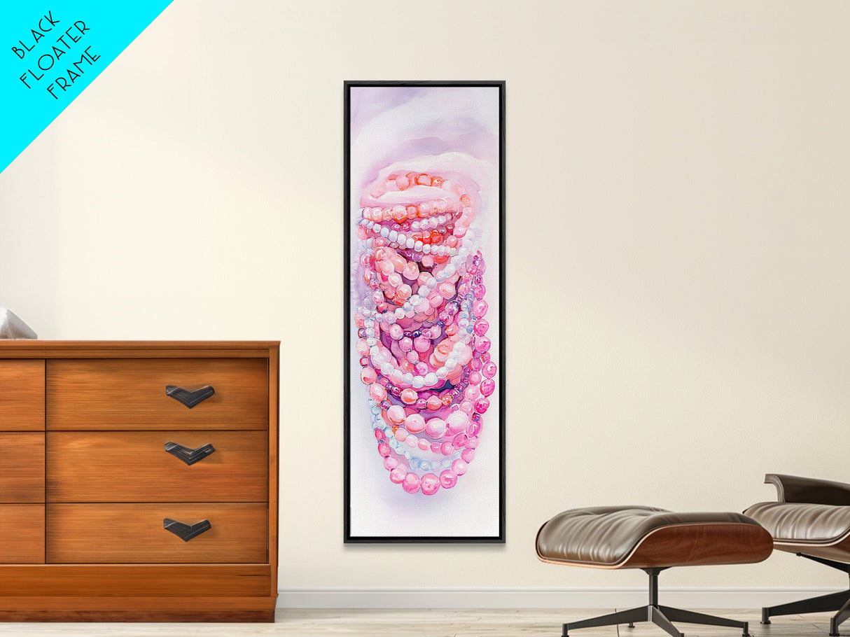 Pastel Beads Canvas Print - Whimsical Tall Narrow Art, Pink Pearl Inspired Jewelry Painting, Vertical Art for Boho Bedroom