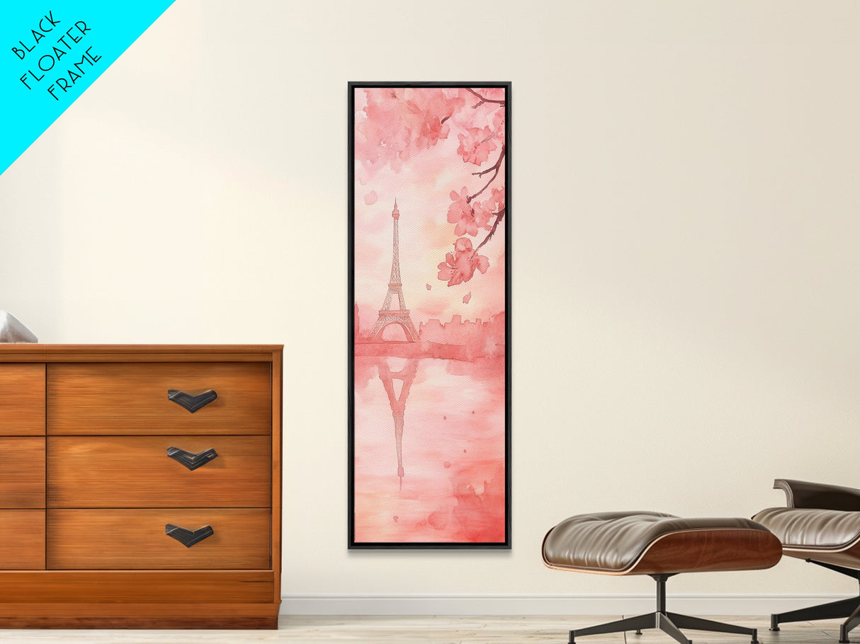Eiffel Tower Reflection Pink Cherry Blossom Canvas Print Paris Wall Art Romantic Landscape Long Narrow Above Bed Vertical Art
