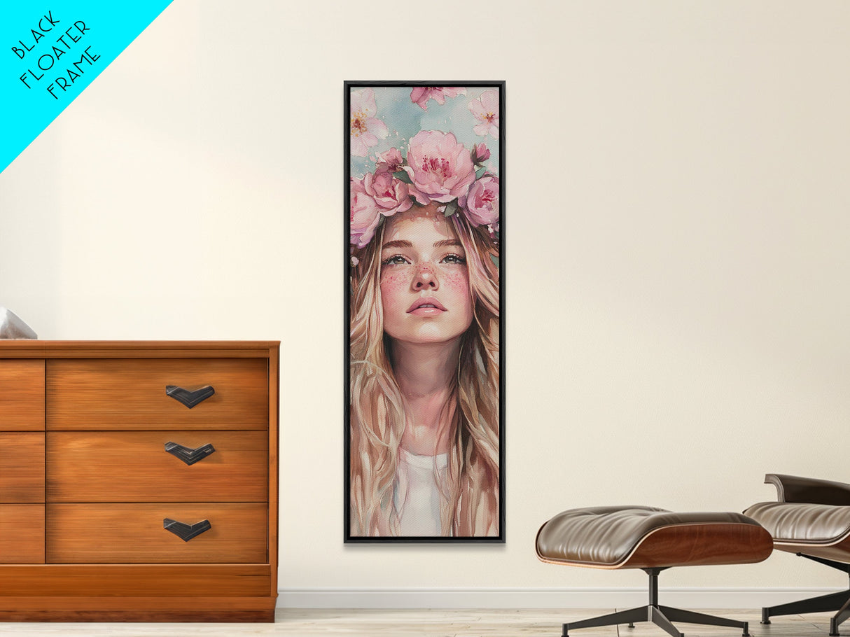 Floral Goddess Portrait Canvas Print Cherry Blossom Painting Feminine Art Bedroom Decor Light Pink Vertical Artwork Boho