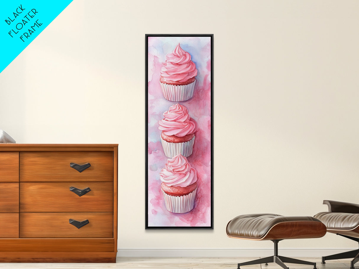 Pink Cupcake Trio Canvas Print, Whimsical Kitchen Art, Rustic Light Pink Wall Art, Food Review Vertical Artwork, Gift Idea For Her
