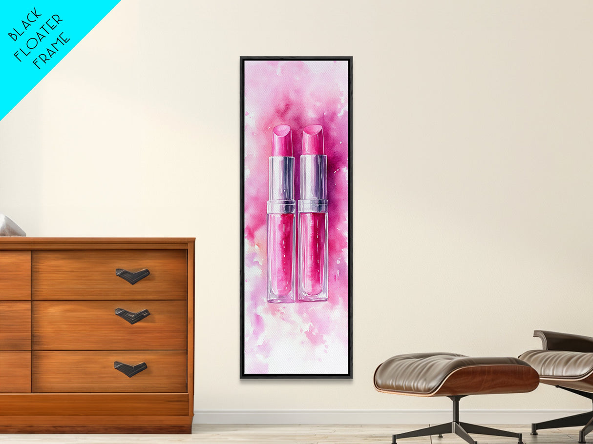 Pink Lipstick Duo Canvas Print, Whimsical Minimalist Vertical Wall Art, Light Pink Cosmetic Art, Gift Idea, Bedroom Skinny Artwork