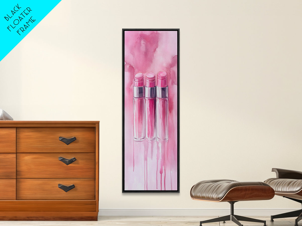 Glossy Pink Lipstick Trio Framed Canvas Print in Minimalist Vertical Wall Art for Fashion and Makeup Room Décor