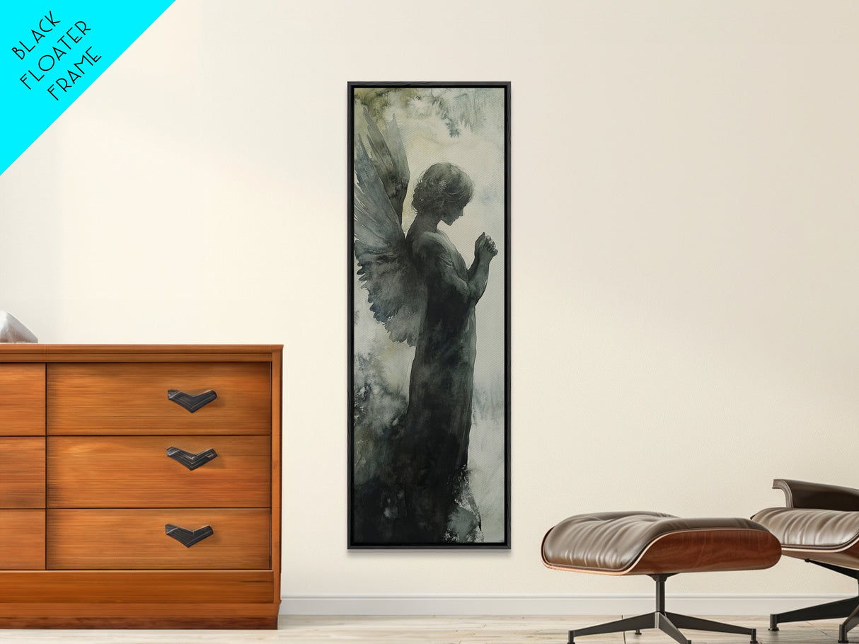 Watercolor Angel Canvas Print with Elegant Moody Design, Dark Angels Wall Art Gift Idea, Vertical Bedroom Zen Art Piece