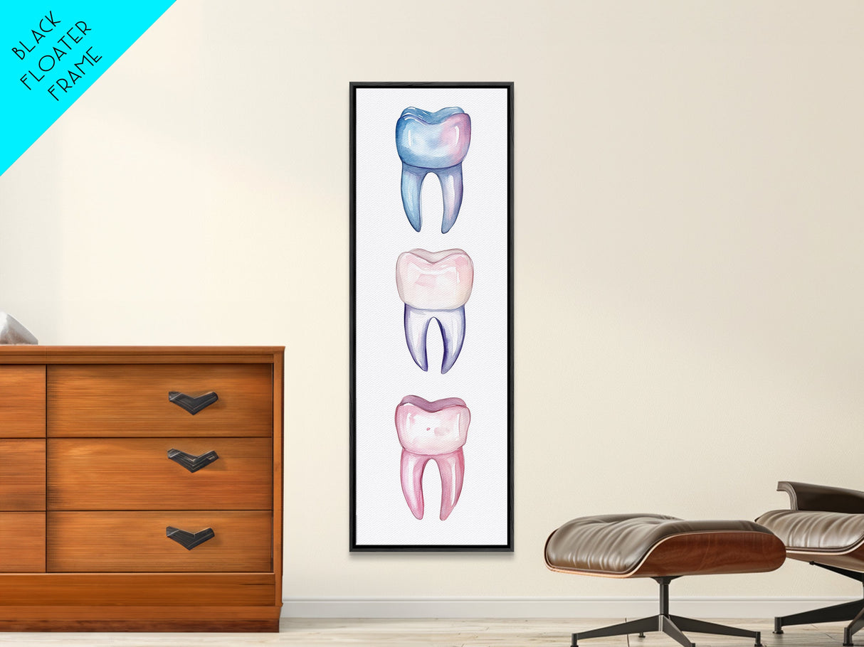 Whimsical Rainbow Teeth Canvas Print, Dentist Office Vertical Wall Art, Vibrant Dental Art Print for Gift Ideas