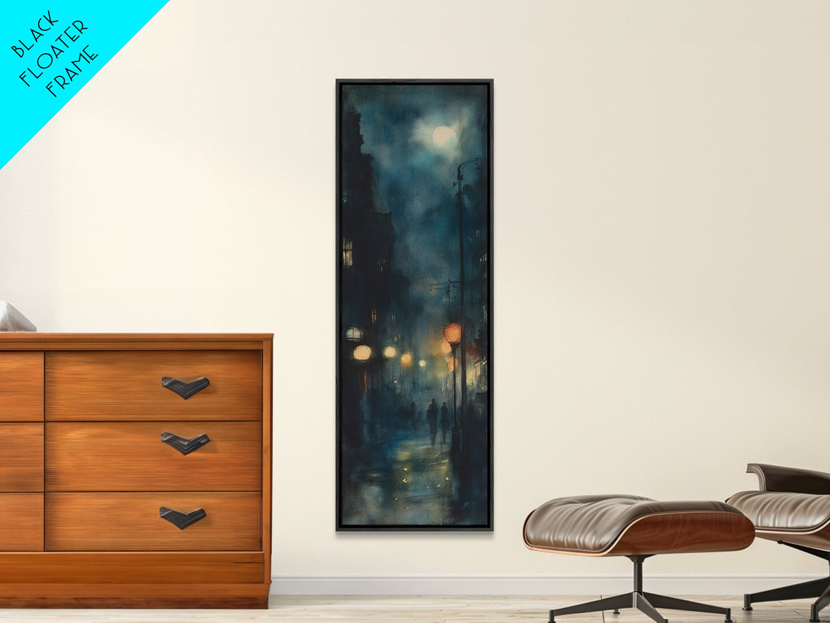 Moody Night Street Scene Framed Canvas Print | Vertical Wall Art | Moody Art | Living Room Art | Gift Idea Him | Urban Nightscape